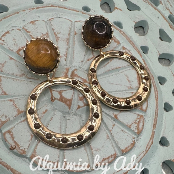 Tiger's eye gold statement oversized big dangle hoops earrings - Picture 2 of 5